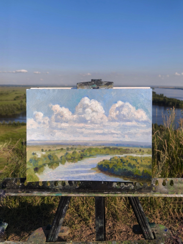 «Кама в Елабуге, июль» бумага, масло, 21х31 см, 2026, Горюнова Ольга
