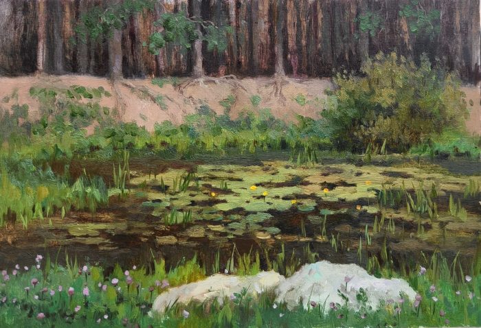 «Озеро Лесное» бумага, масло, 21х31 см, 2026, Горюнова Ольга